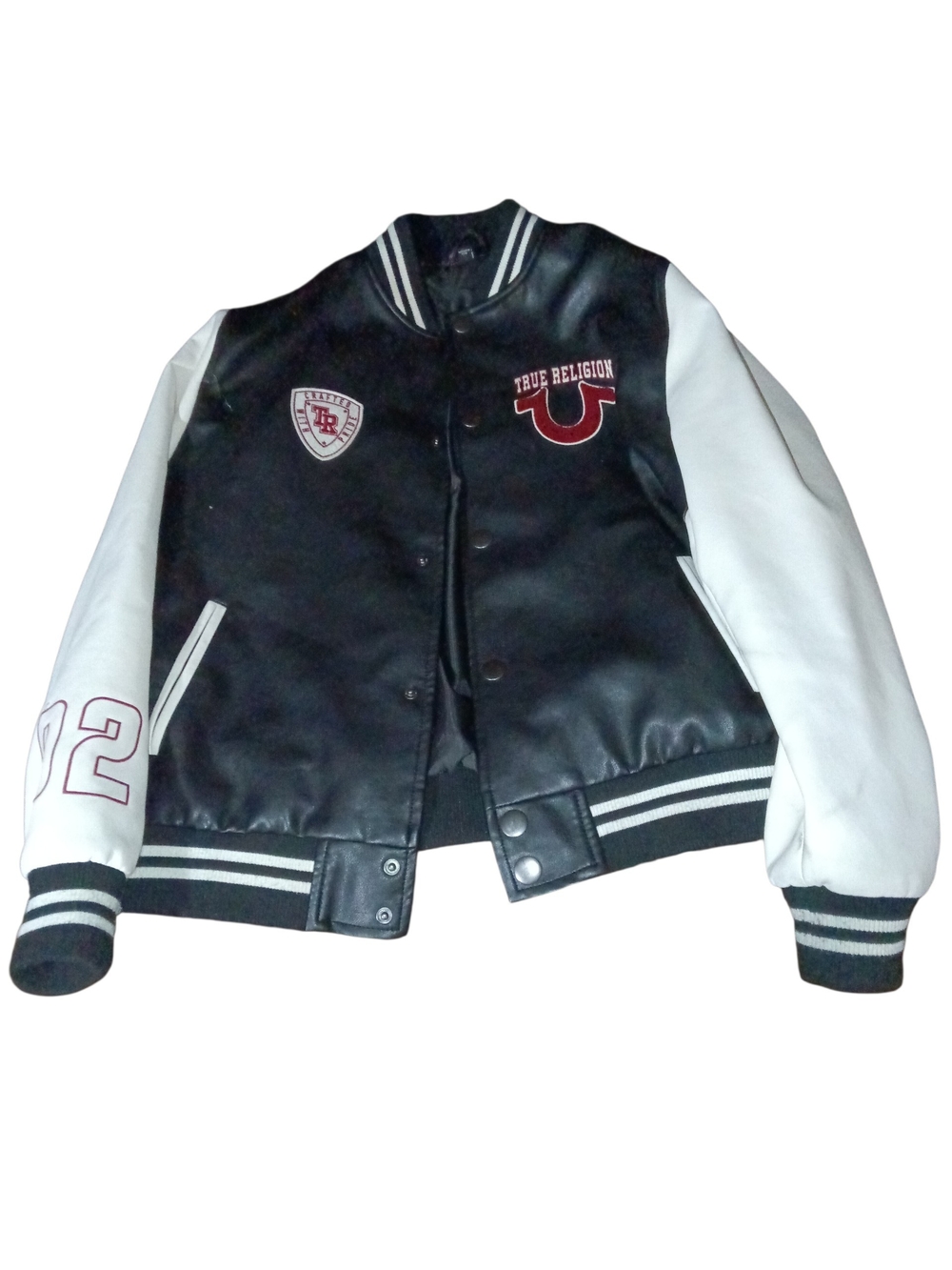 True Religion Black Body White Sleeve Varsity Jacket with Maroon Accents